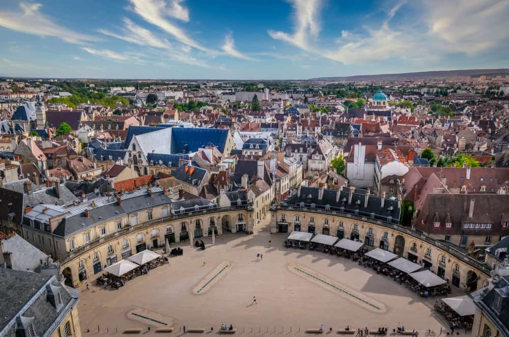 Arial view of the city of Dijon in Burgundy, France. In front the Liberation Plaza.