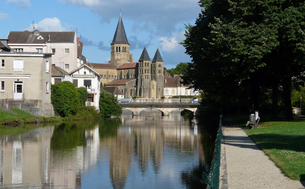 The basilica du Sacre-Coeur in Paray-le-Monial at the River Bourbince in Burgundy, France.