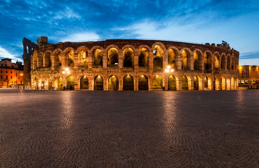 The amphitheater in Verona, Italy. Beautifully lit at dusk.