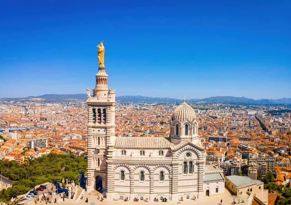 An outside view of the beautiful Basilique Notre Dame de la Garde in Marseille, France.