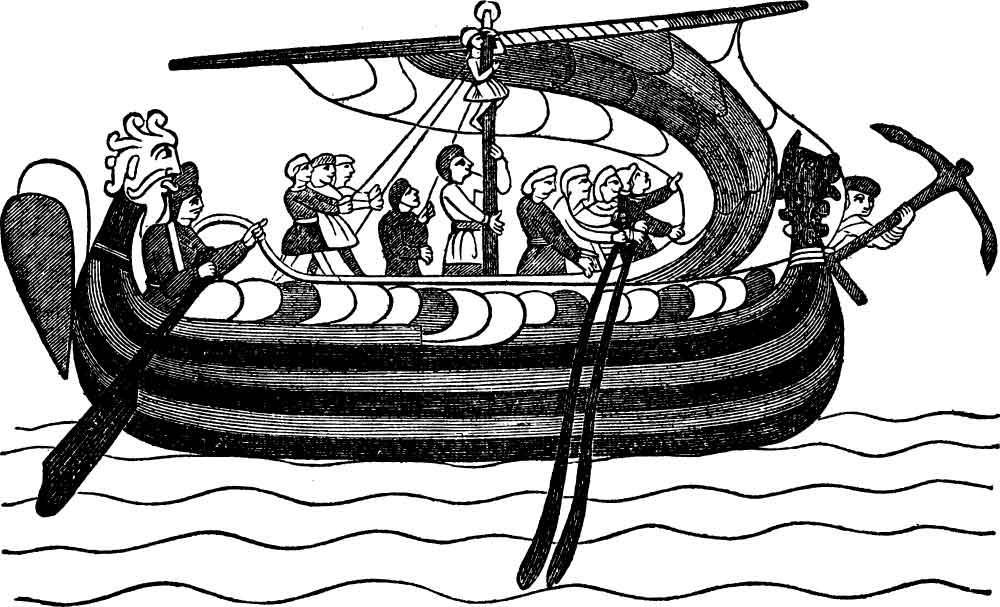 An embroidered cloth with medium length and height, depicts the event, Harold on his way to anchor on the coast of Normandy. Vintage line drawing or engraving illustration.