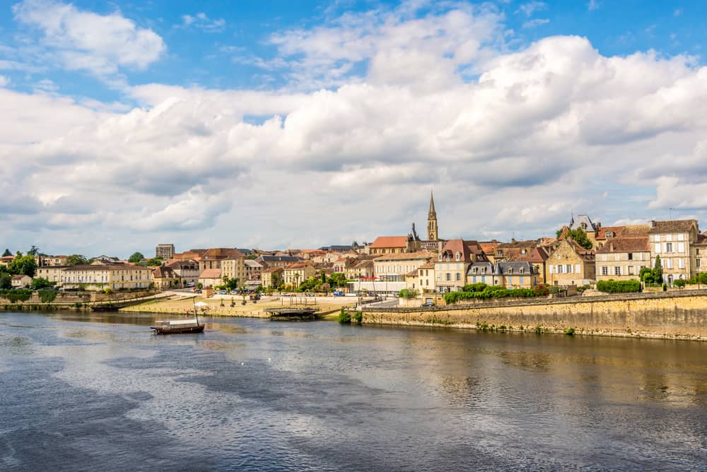 Panoramic view of Bergerac town from bridge over the Dordogne river.