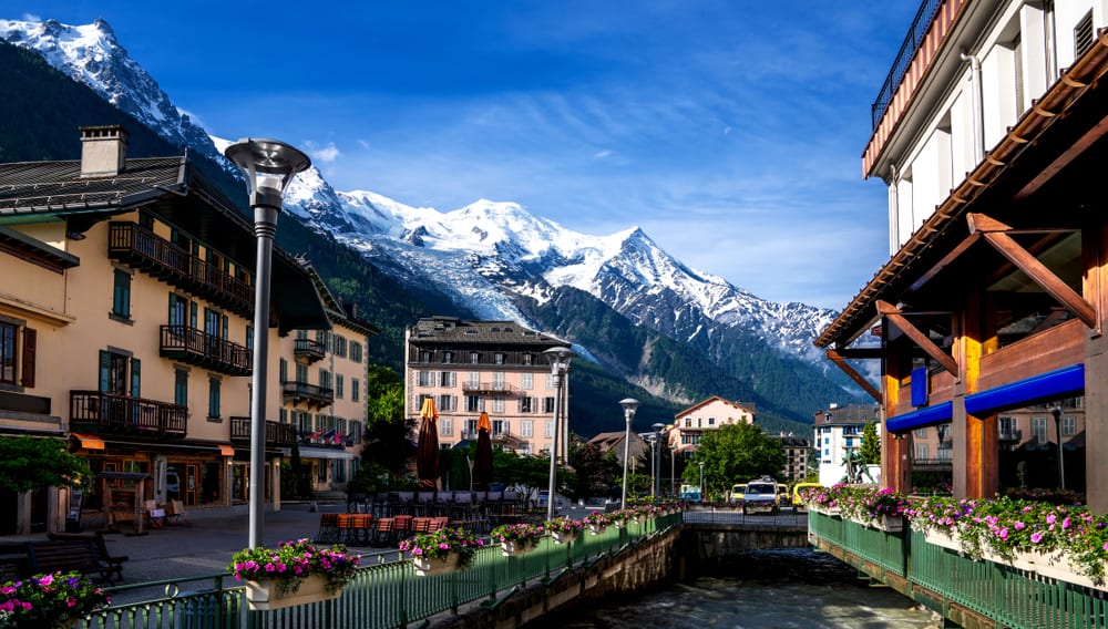 Downtown Chamonix in France with the amazing French Alps in the background.