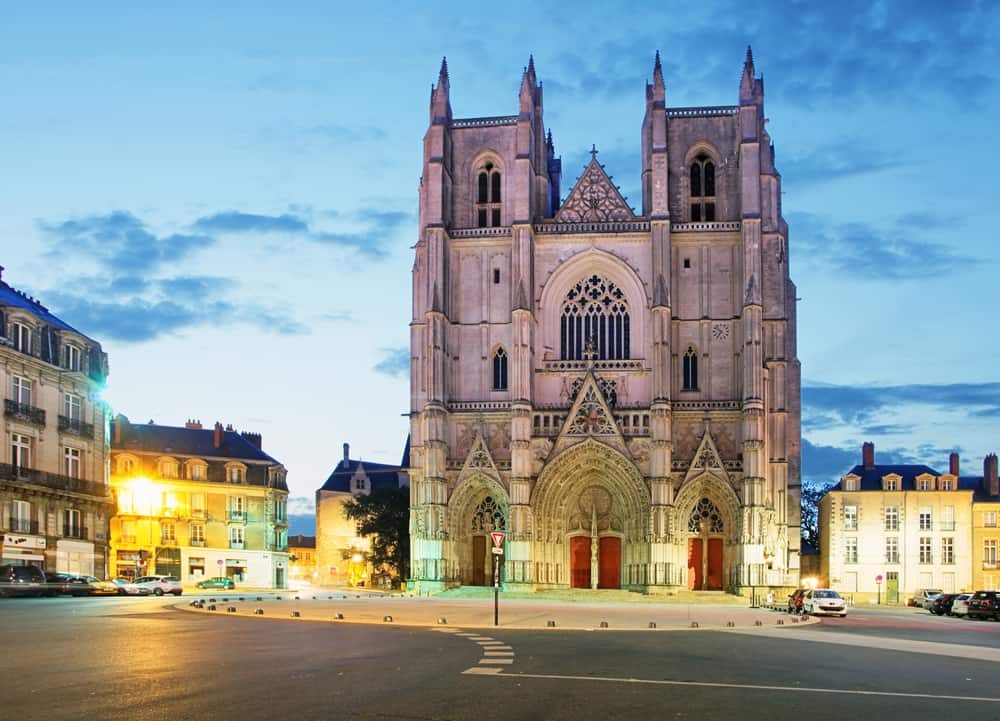 The gothic cathedral of Nantes, France at night.