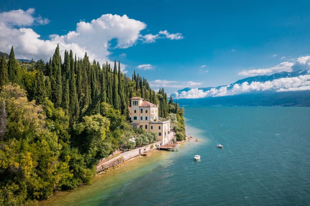 Aerial view of Lake Garda near Toscolano Maderno in Italy.