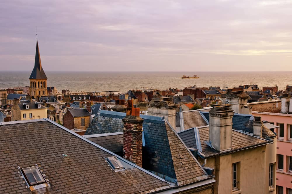View over rooftops and the ocean in Le Havre in Normandy, France.