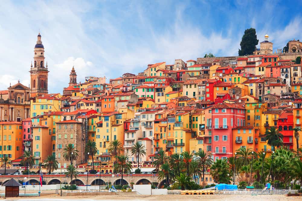 Panoramic view of the colorful houses of Menton in Cote d'Azur, France.