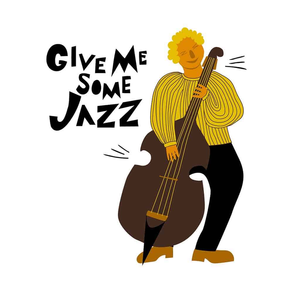 Drawing of a man playing jazz music. The text is "Give me some jazz".