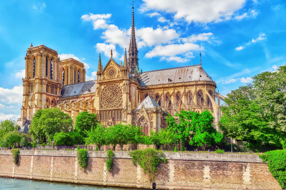 Outside view of Notre Dame church in Paris, France on a sunny day.