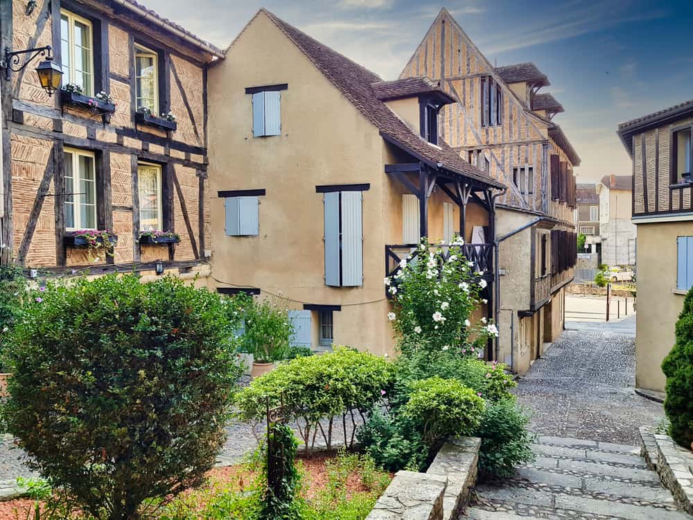 Streets and houses in the old part of Bergerac, France.