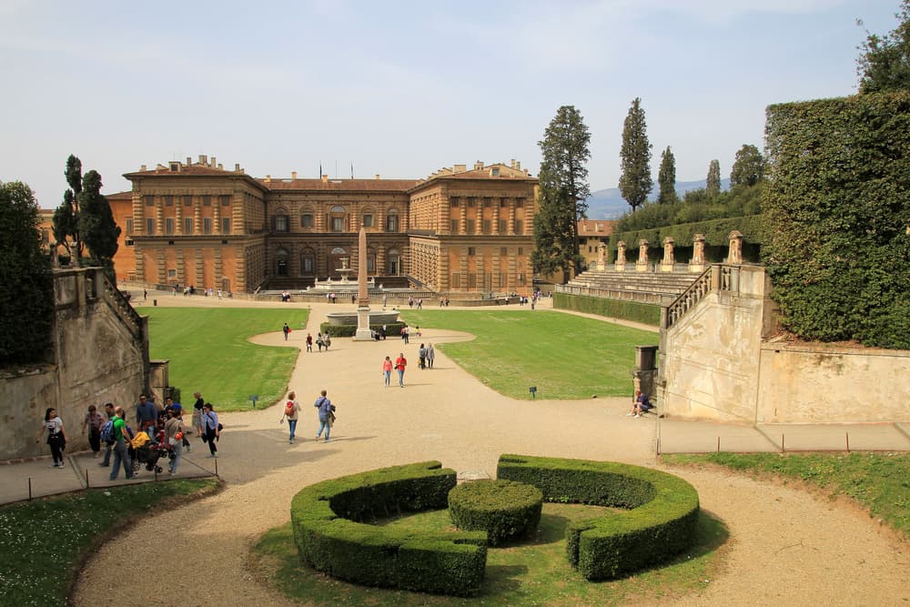 The garden of Palazzo Pitti in Florence and the palace in the background.