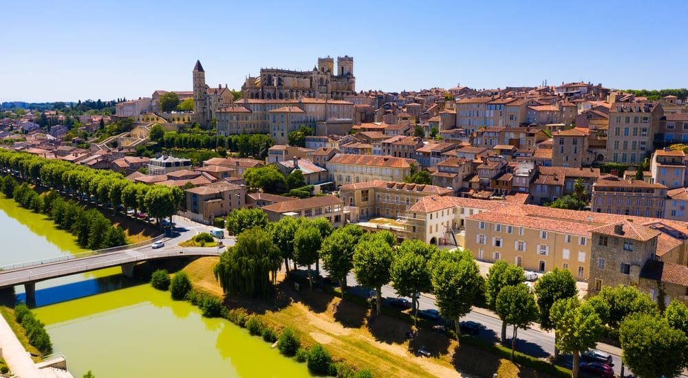 Panoramic view of Auch in France with the river in the front.