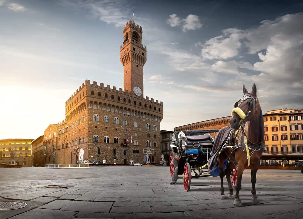 The Piazza della Signoria in Florence at dawn. Horse in the foreground.
