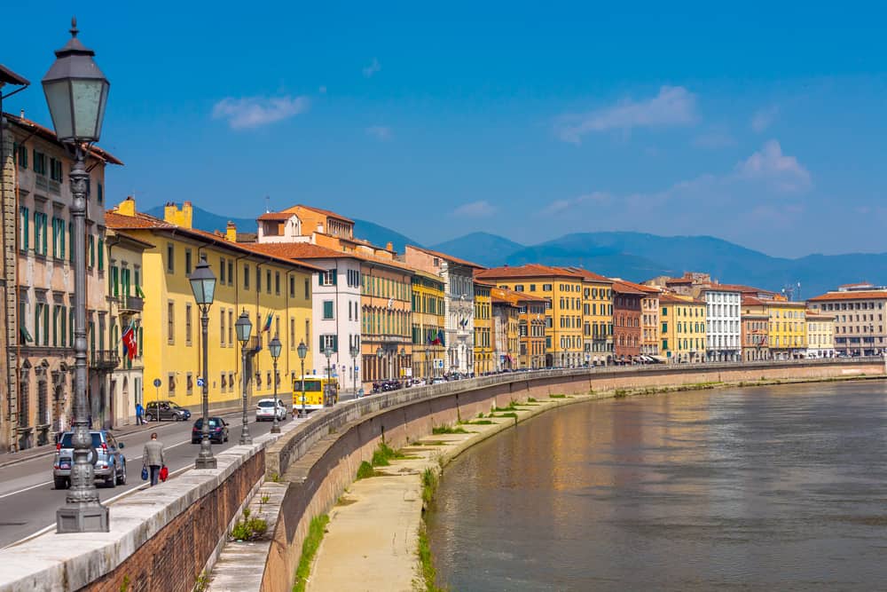 Old houses along the Arno River in Pisa, Italy.