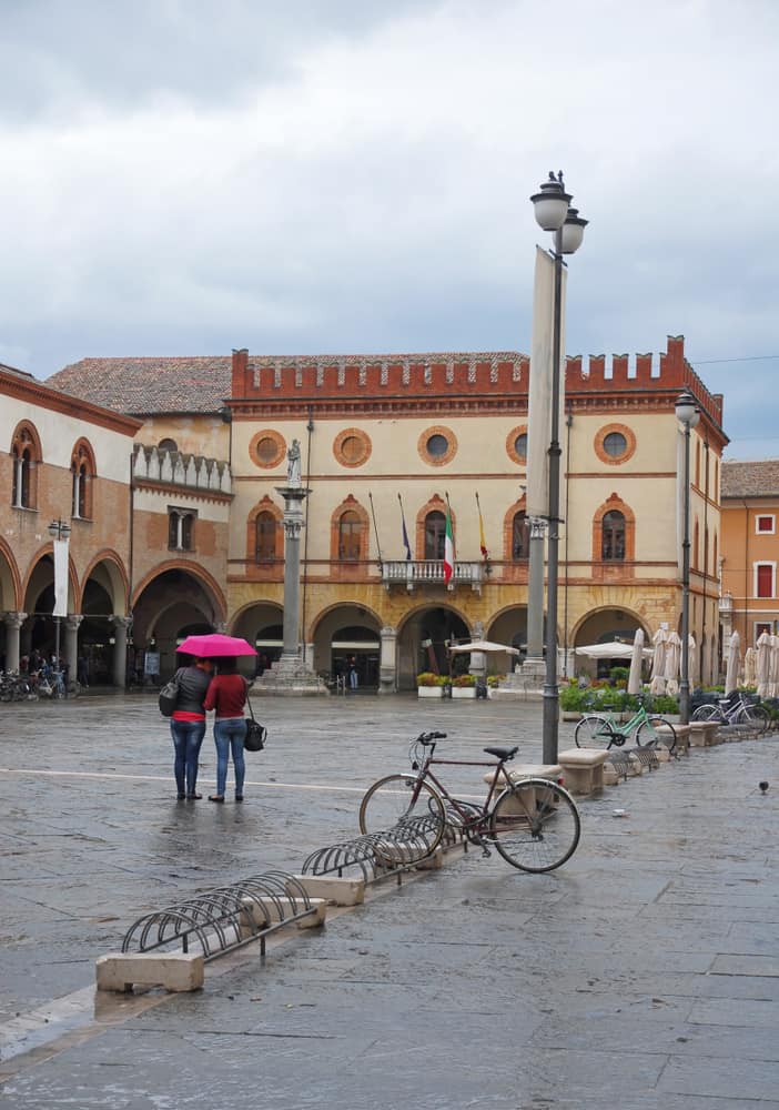 A square in Ravenna in Italy on a rainy day.