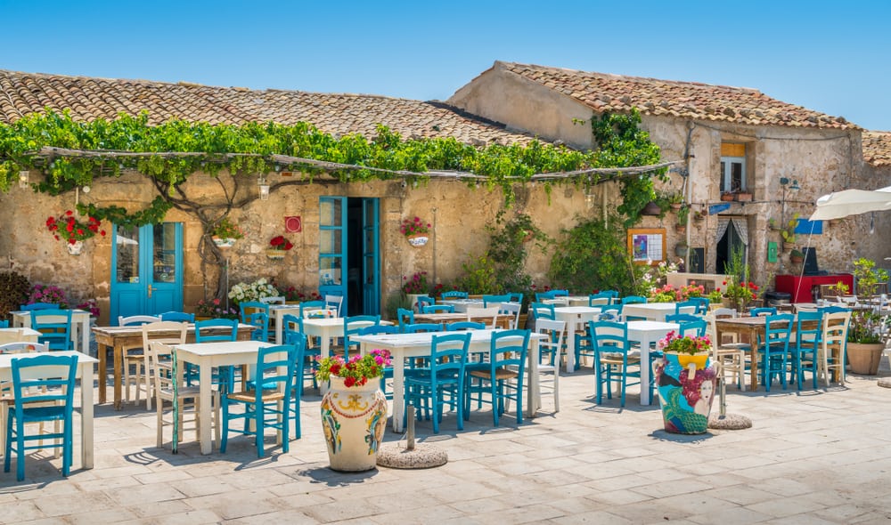 Restaurant in the town of Marzamemi in Sicily, Italy.