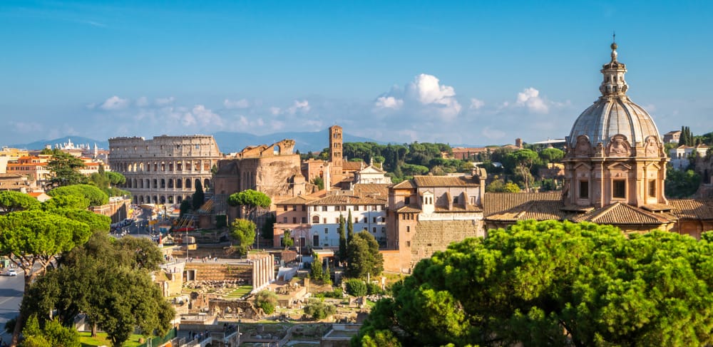 Aerial view of Rome in Italy. Colosseum and Forum Romanum.