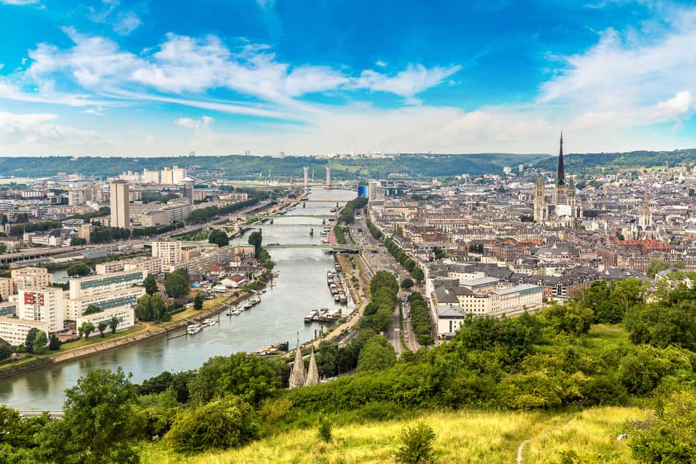 Panomaric view of Rouen in Normandy, France. River deviding the city.