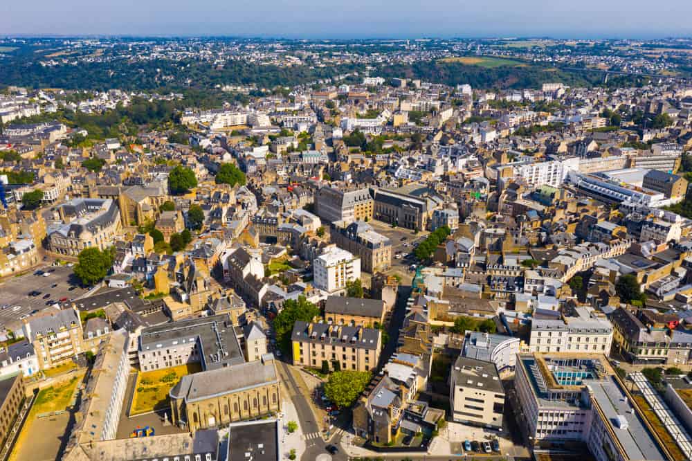 Aerial view of Saint-Brieuc in Brittany, France with modern and medieval buildings.