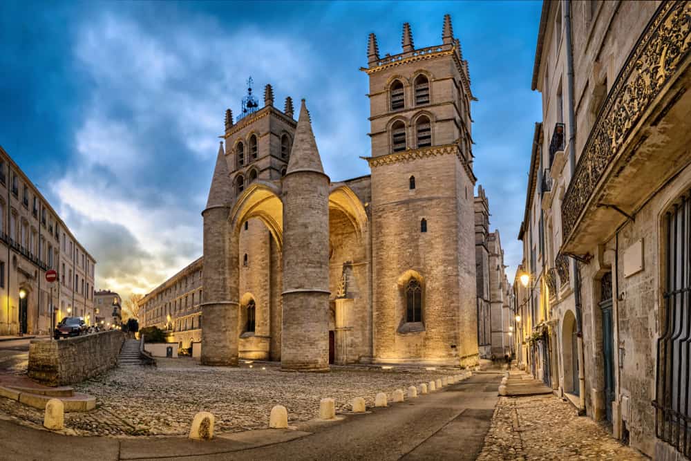 Outside view of the Saint Pierre Cathedral in Montpellier in France at dusk.
