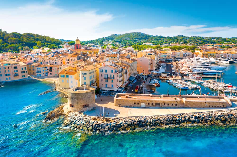 An aerial view of Saint-Tropez and its beautiful harbor.