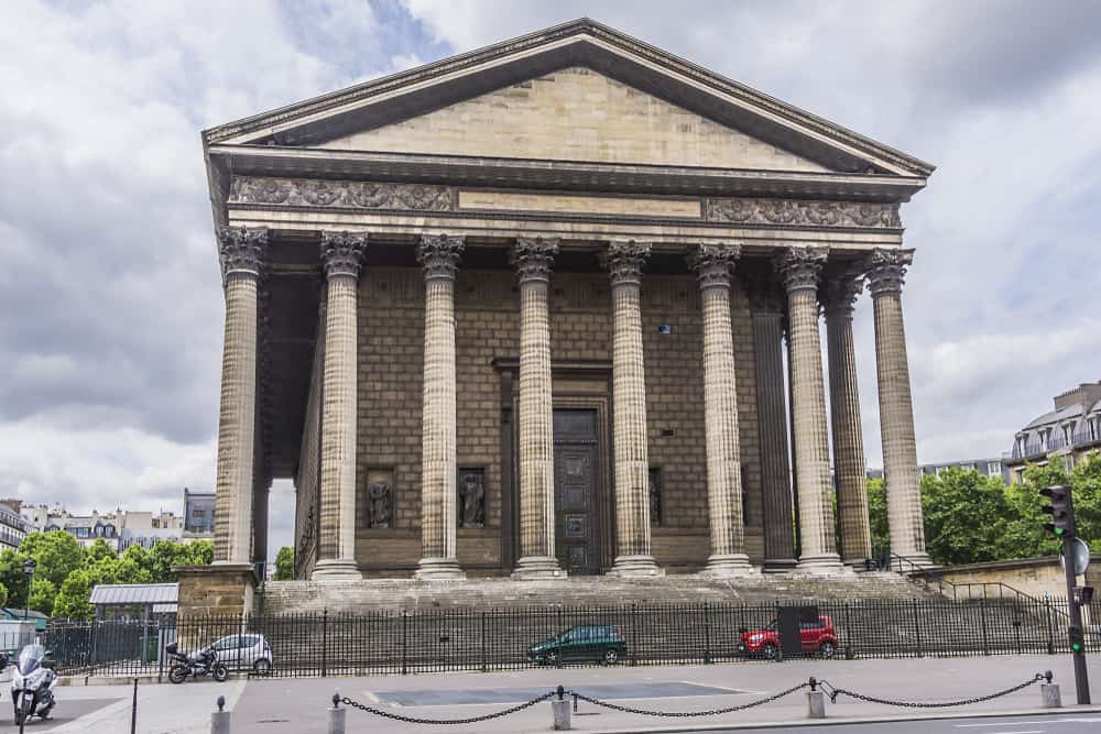 Outside view of the church Sainte Marie Madeleine in Paris, France.