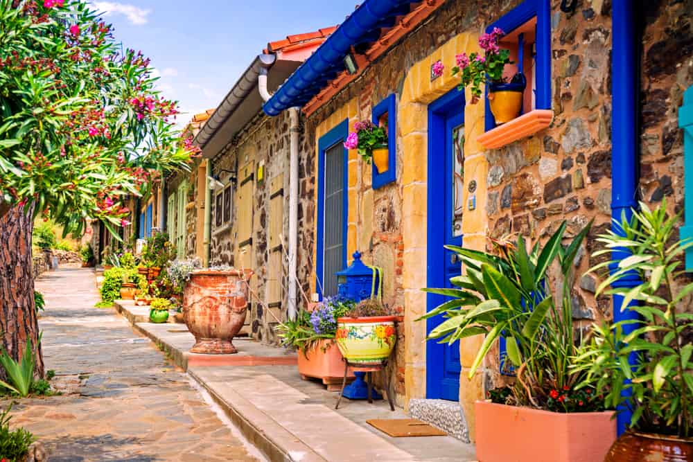 A very colorful street in the town of Collioure, France.