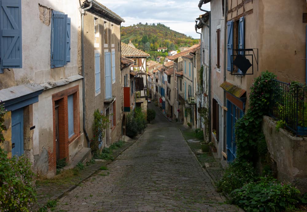 Narrow street in Cordes-sur-Ciel in France.