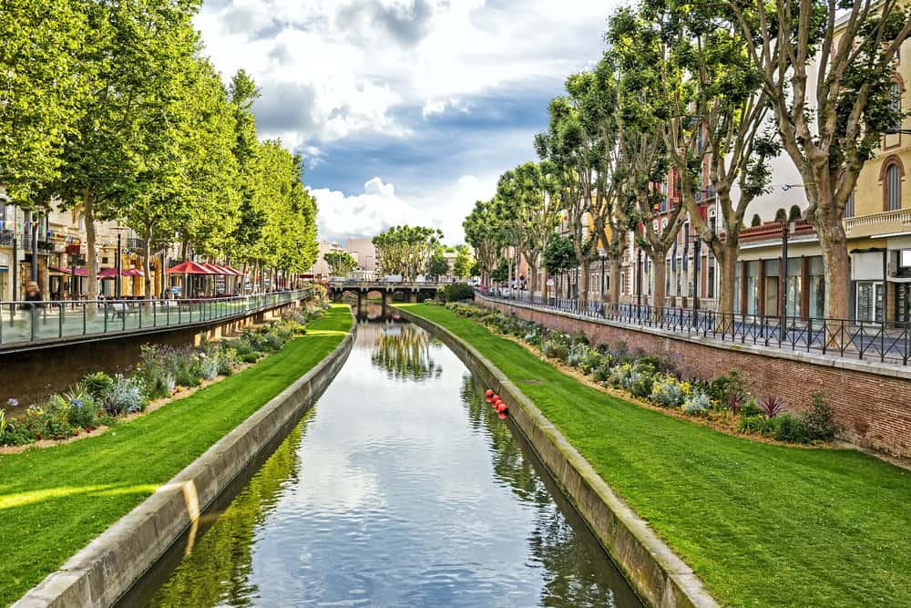 River and streets of Perpignan in France.