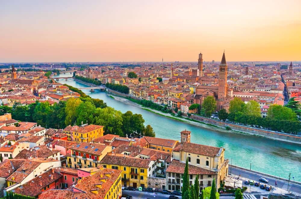 Aerial view of Verona devided by the Adige river.