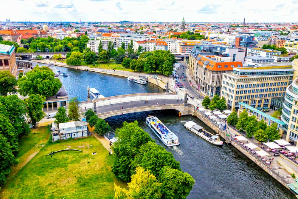 Aerial view of Spree River and Museum Island in Berlin, Germany. 