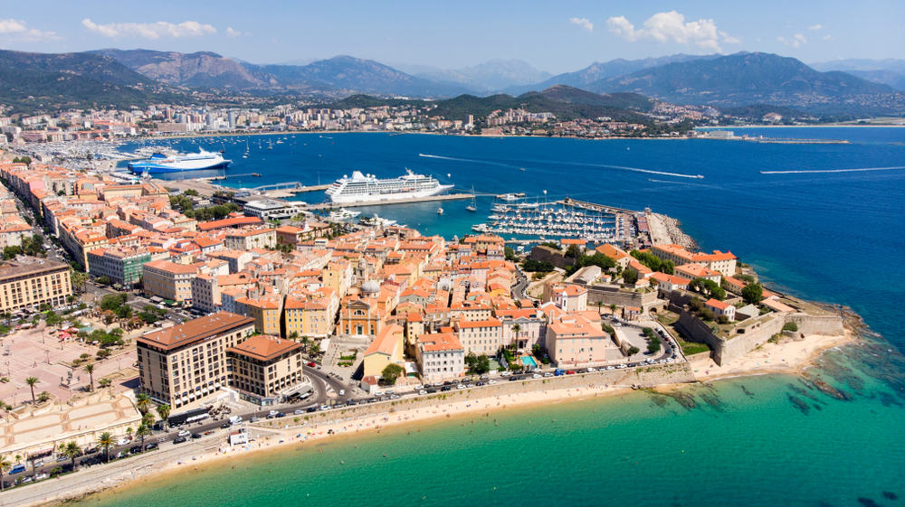 Aerial view of Ajeccio in Corsica, France. Beach, harbor, and blue ocean.