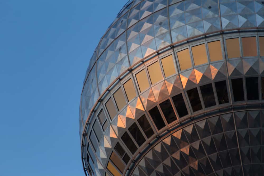 Closeup of the Berlin TV Tower at Alexanderplatz in Berlin.