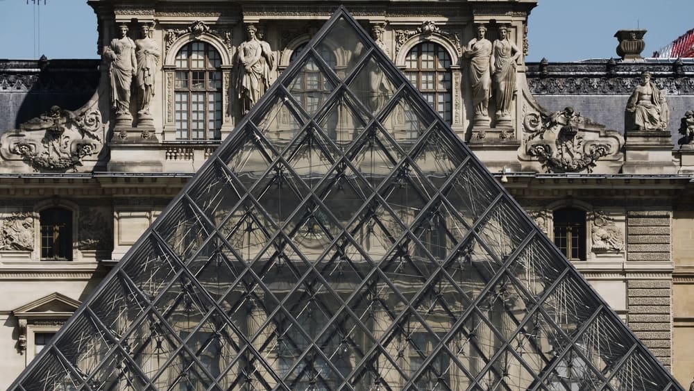The top of the glass pyramid of the Louvre in Paris, France.