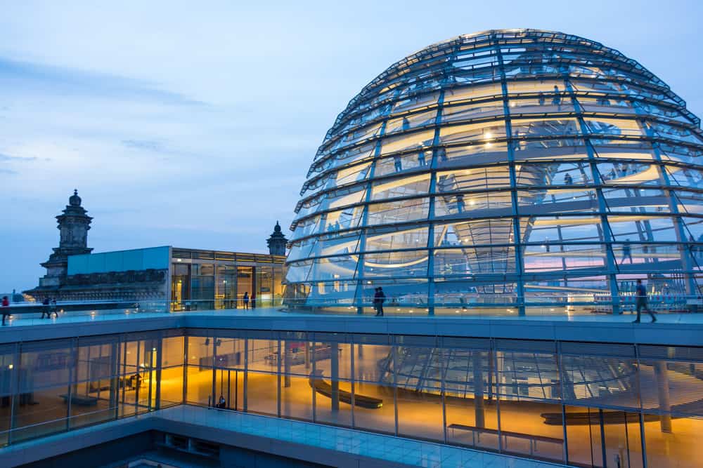 The famous glass cupola on top of the Reichstag building in Berlin, Germany.