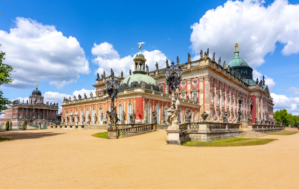 Outside view of Neues Palais (New Palace) in Sanssouci park, Potsdam, Germany.

