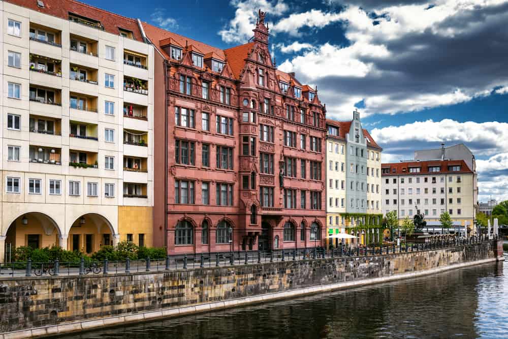 Nikolaiviertel (Nikolai Quarter) in Berlin from the Spree river.