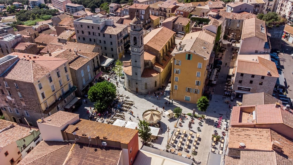 Aerial view of the Place de la République in the old city center of Porto-Vecchio in the South of Corsica, France.