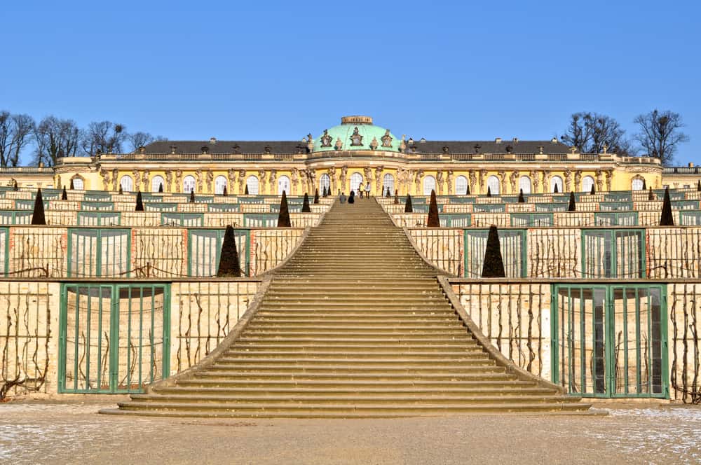 Impressive staircase leading to the Sanssouci Palace in Potsdam, Berlin.