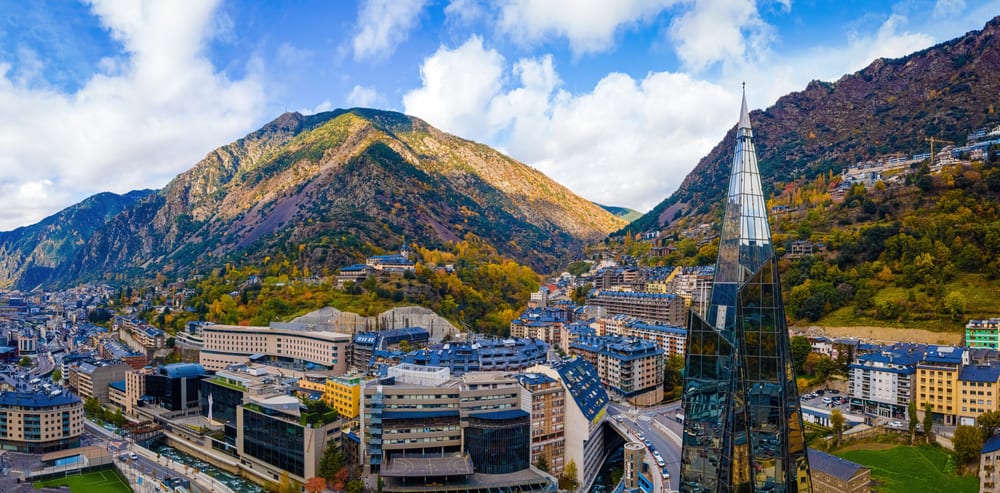 Aerial view of Andorra la Vella in the Pyrenees mountains between France and Spain.
