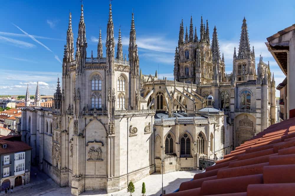 Outside view of the majestic Burgos Cathedral in Castilla y Leon, Spain.