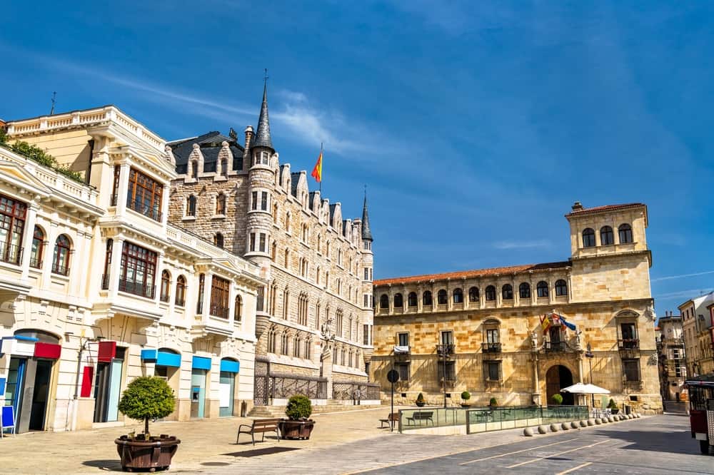 Outside view of soome historic buildings in León in Spain. Quiet street on a bright day.