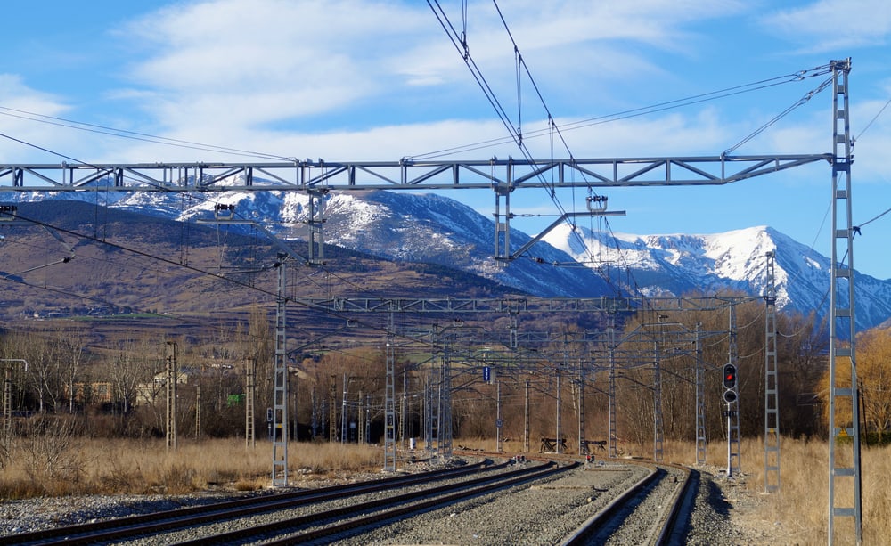 Train station in Puigcerdà, Spain with mountins in the background.