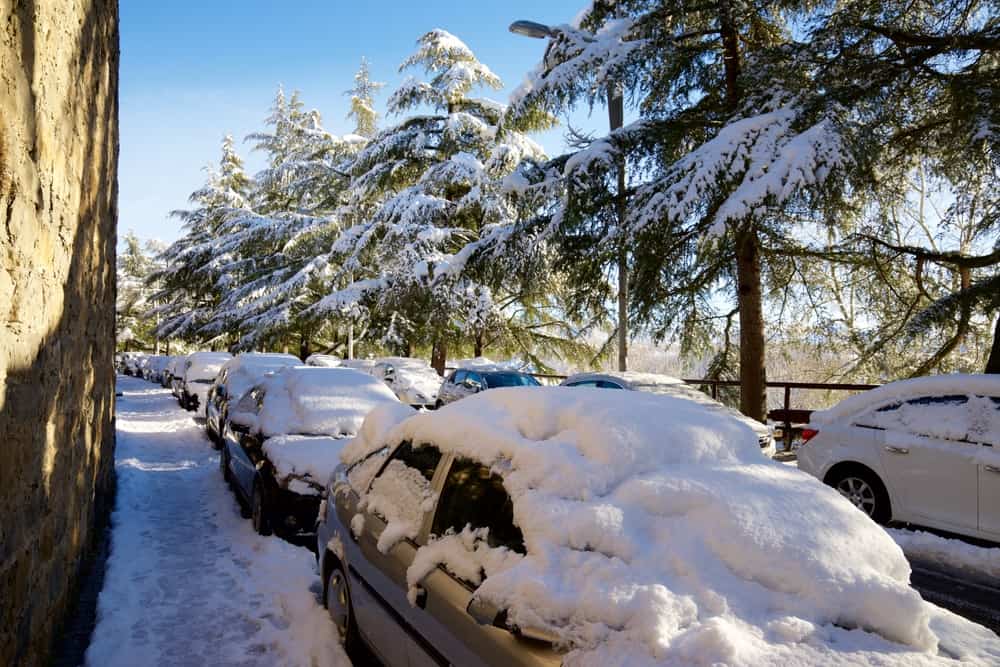 Cars covered in snow in Jaca, Spain.