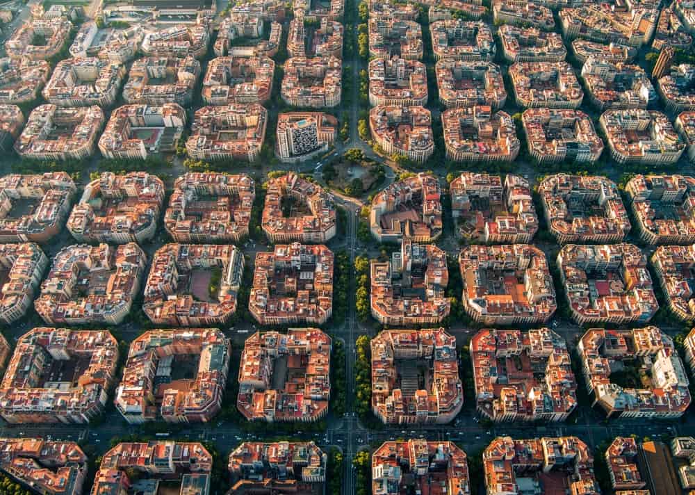Aerial view of a residential area of Eixample in Barcelona, Spain.