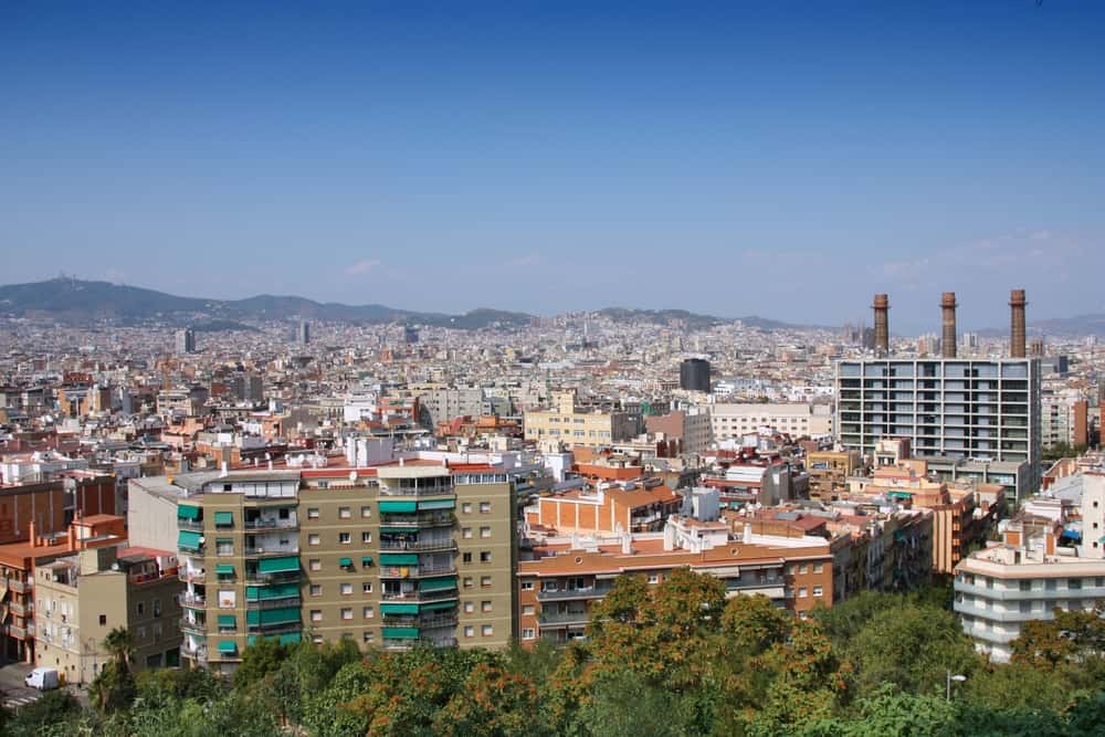 Panoramic view over El Raval district in Barcelona, Spain.