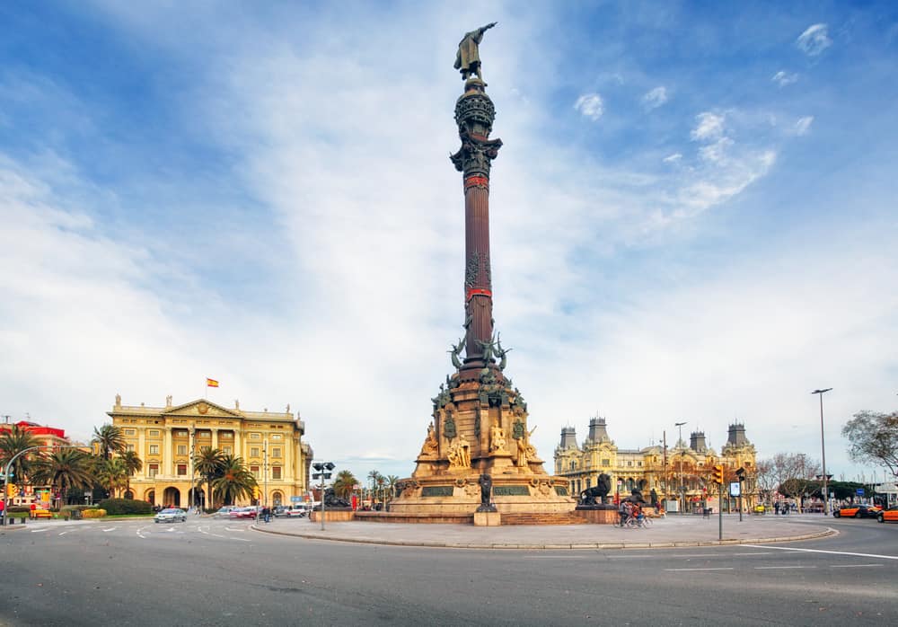 The Mirador de Colon is an impressive Columbus monument at the waterfront in Barcelona, Spain.