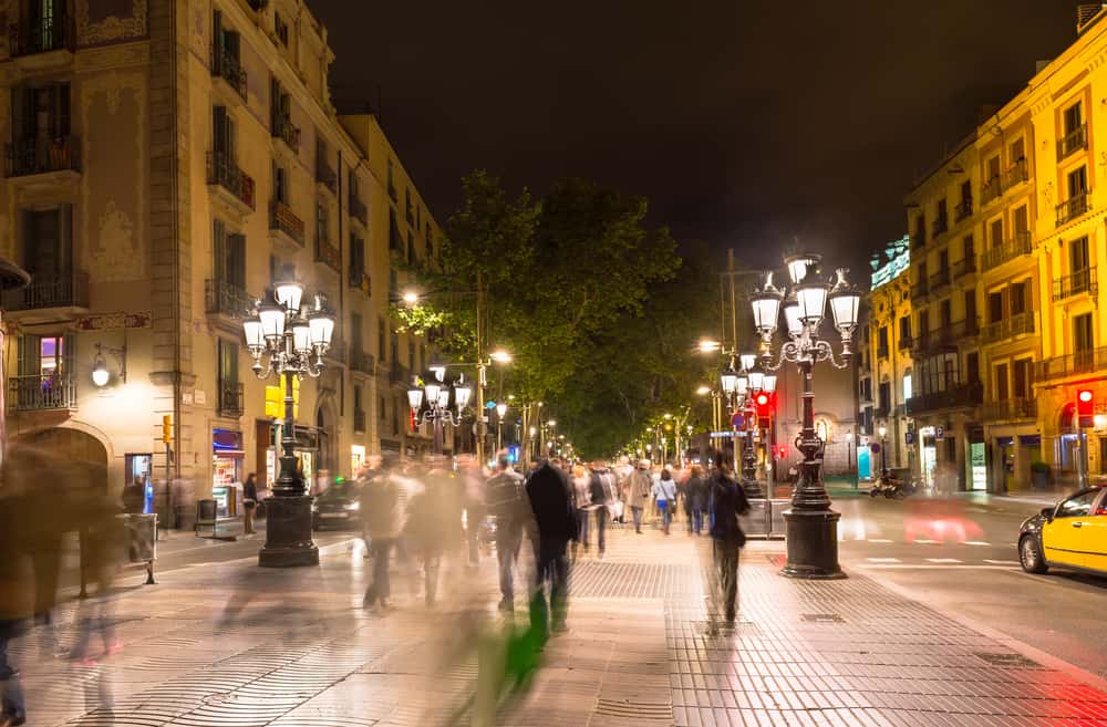 Las Ramblas in Barcelona, Spain at night.