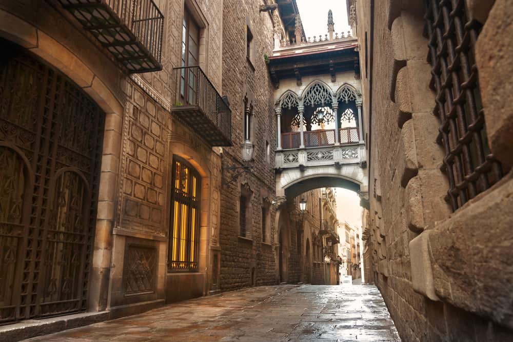 A street (Carrer del Bisbe) in the quarter Barri Gòtic in Barcelona, Spain.