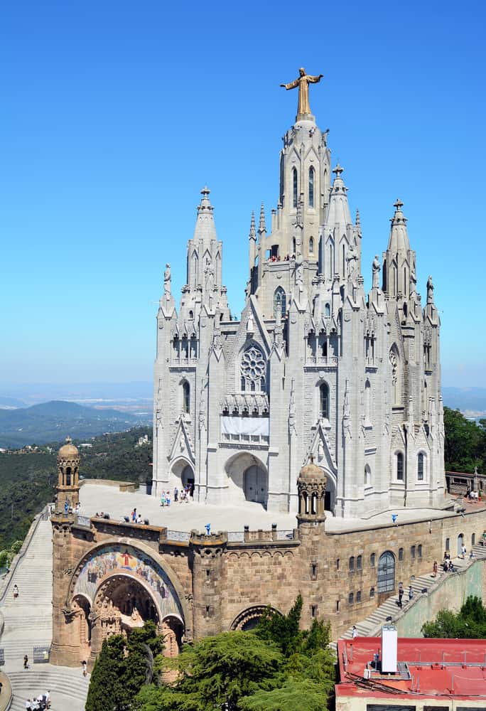 An outside view of the impressive Temple Expiatori del Sagrat Cor church on top of the Tbidabo mountain in Barcelona, Spain.
